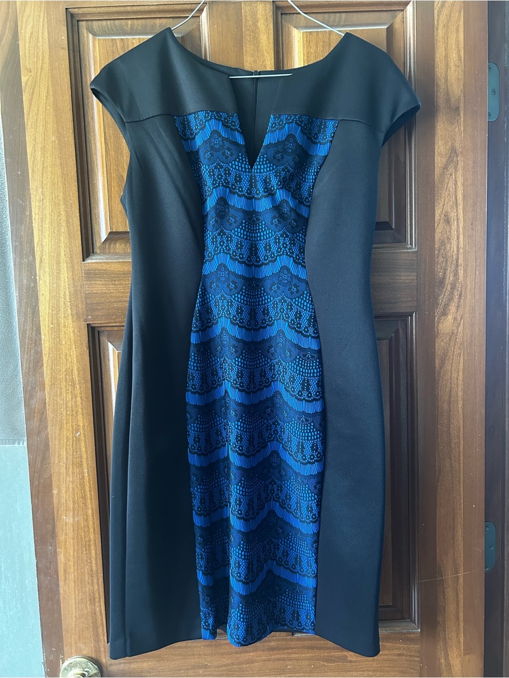 connected apparel Black Midi Dress with Blue Lace-Patterned Panel